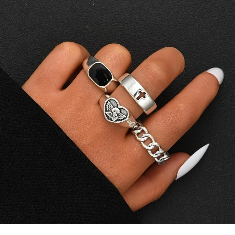 Silver Gothic Mixed Midi & Stackable Rings Set - Black Accents